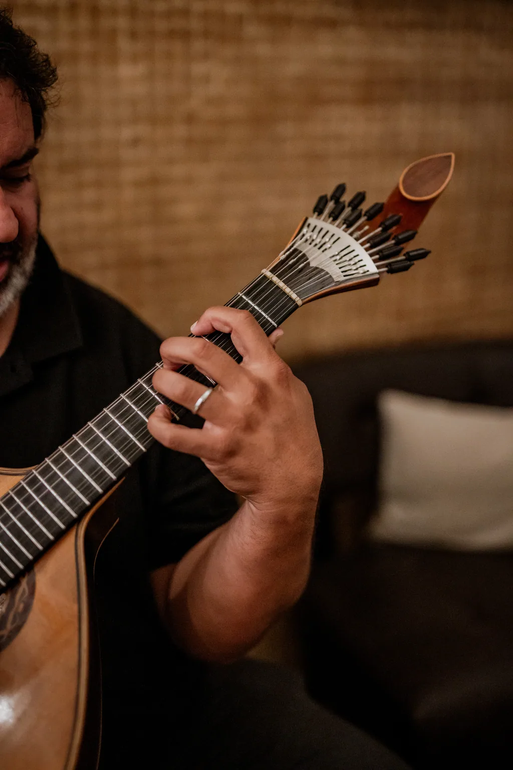 As mãos do guitarrista nas cordas da guitarra portuguesa